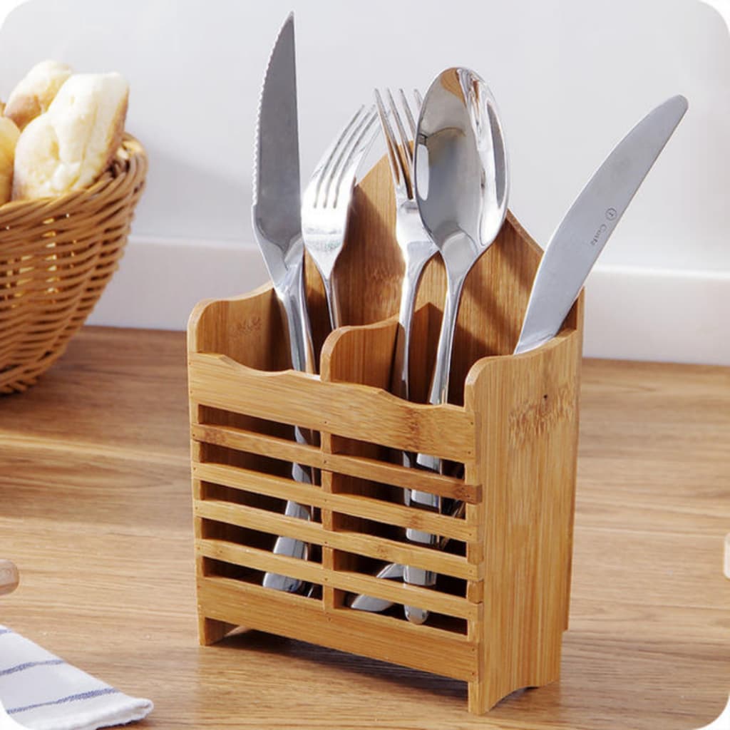 Porta Talheres de Bambu Escorredor e Organizador de Utensílios de Cozinha – Suporte Ecológico com Divisória