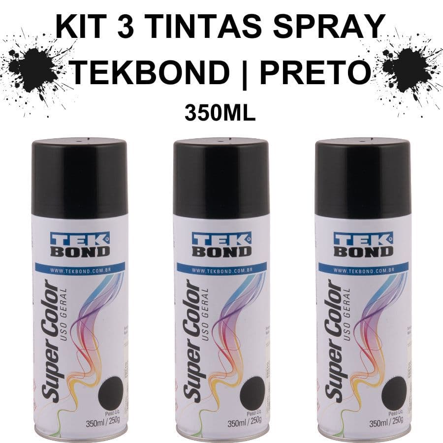 KIT 3 Unidades de Tinta Spray | Preto Fosco 350ml | TEKBOND