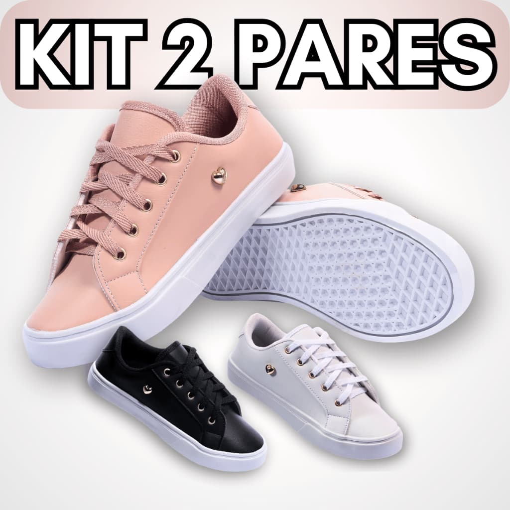 Kit Tênis Feminino Sola Reta Branco Rosê Preto Macio Blogueirinha Confortável Casual Modinha