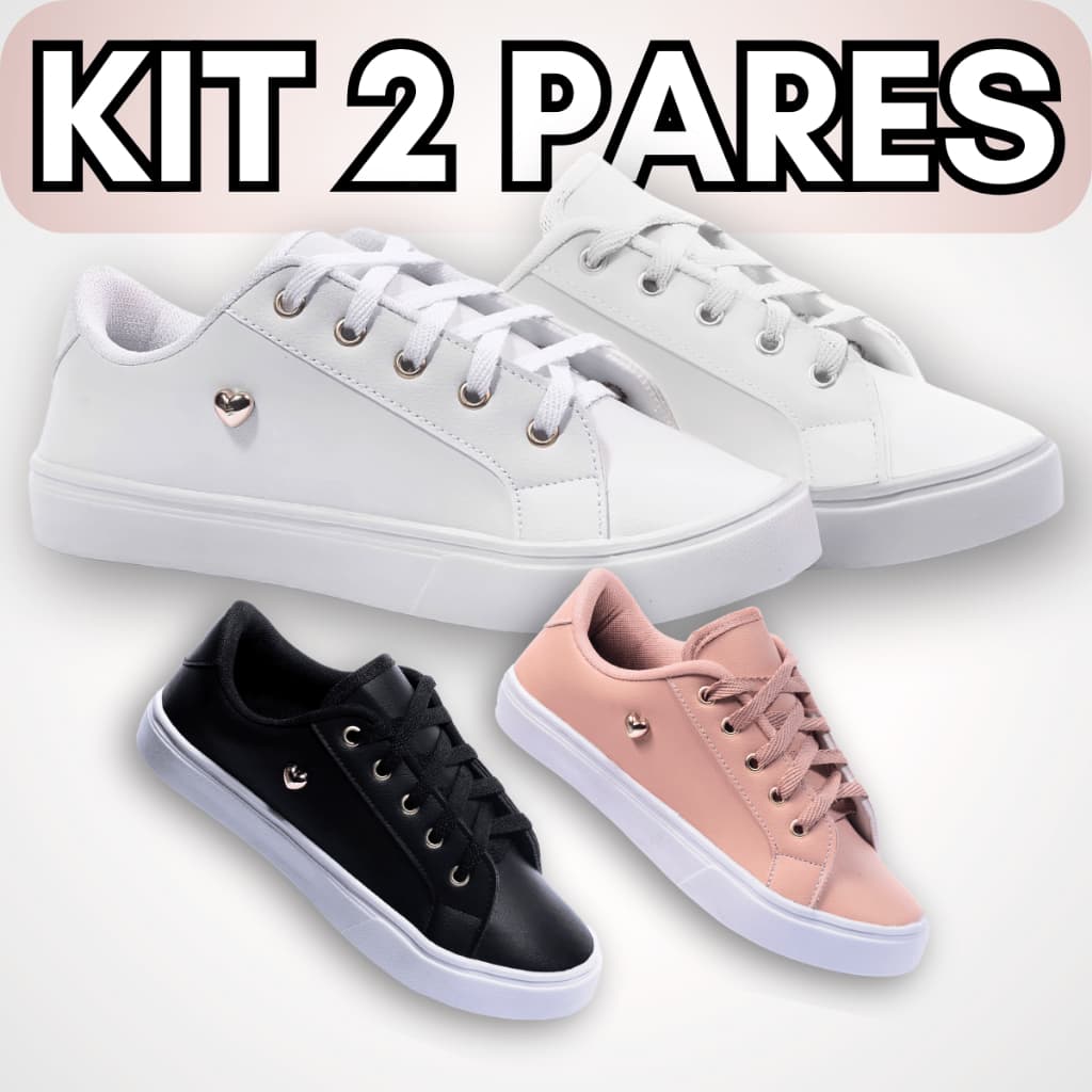 Kit Tenis Feminino Reto Preto Rosê Solado BaixoBranco Casual Solado Macio Confortável