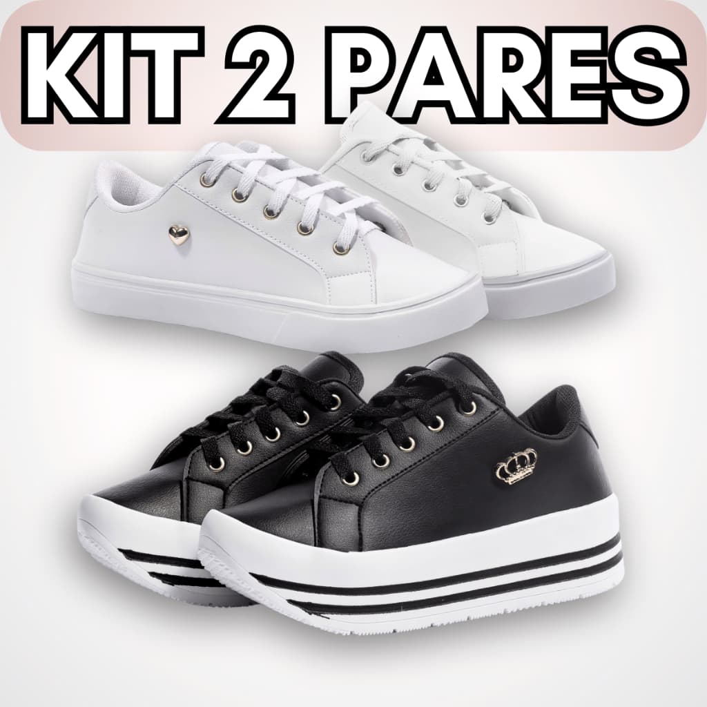 Kit 2 Tenis Feminino Macio Confortável Preto Branco Rosê Casual Modinha