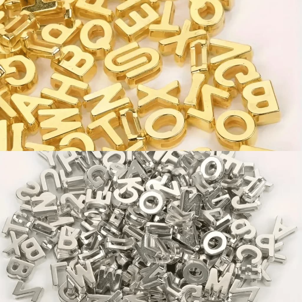 1500 Letras Furo Passante Largo ABS (Plástico com banho metalizado) 12mm P/Calcinha Letra Sortida Artesanato Personaliza
