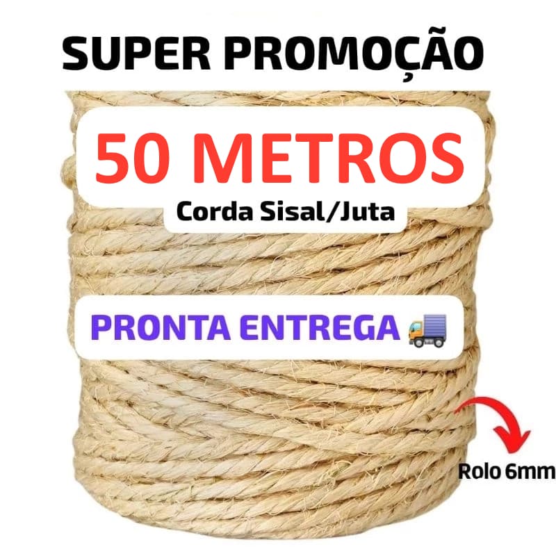 Corda De Sisal Natural Acabamento Simples 6mm 50 Mts Artesanato Arranhador de Gatos