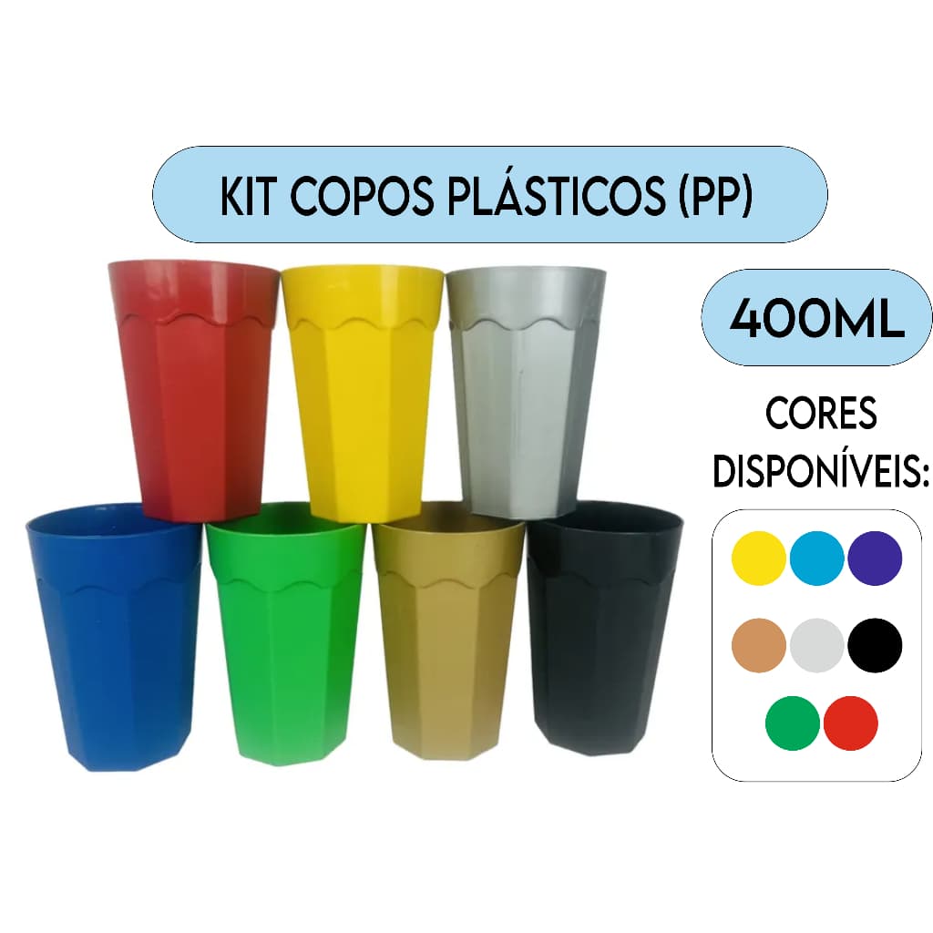 Kit 100 Copos plásticos PP reutilizáveis de 400ml - Festas, eventos, escola, brindes, resistentes