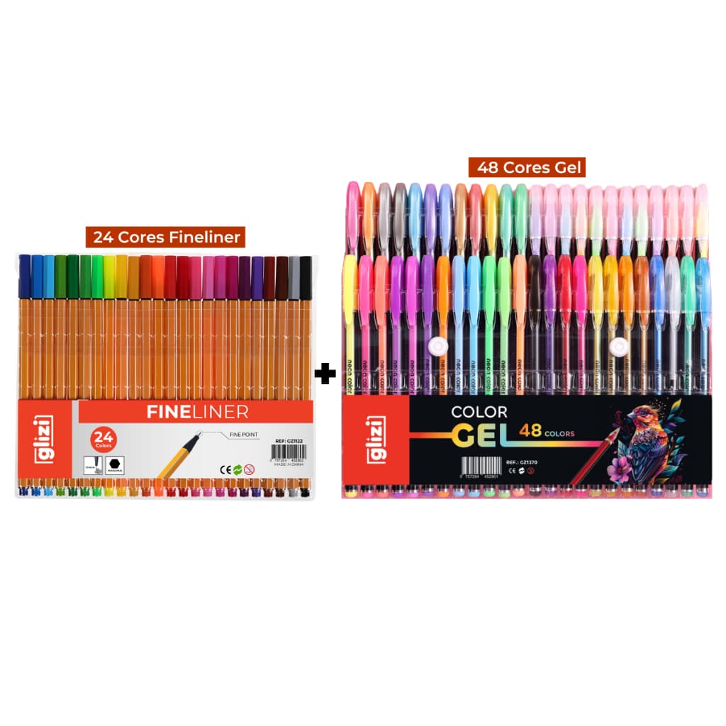 Kit Canetas Fineliner com 24 Cores + 48 Caneta Colorgel Glitter, Neon, Metal e Pastel