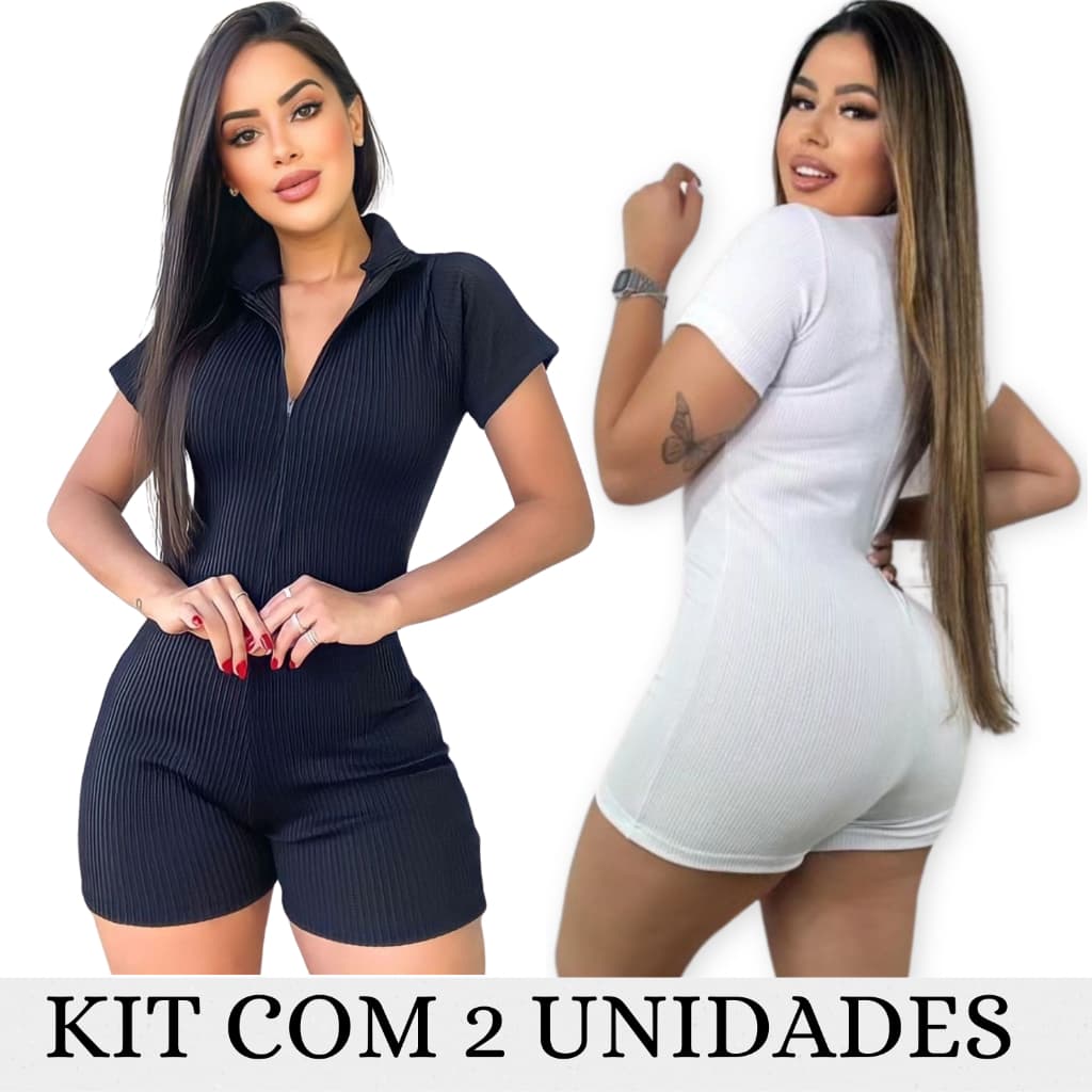 Kit 2 Macaquinhos Feminino Canelado 3D Virginia Ziper Shorts Macacão Curto Moda Gringa Blogueira
