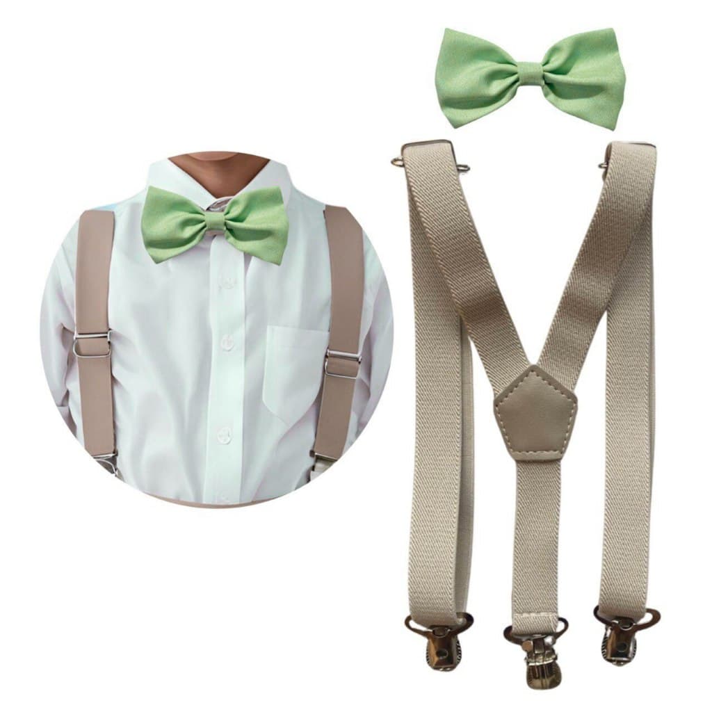 Kit 2 Peças | Suspensório Bege e Gravata Borboleta Infantil Verde Menta Malta e Outras Cores | Social Pajem Batizado