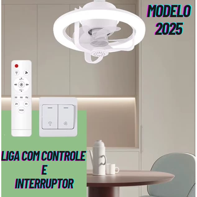 Lampada LED Ventilador de teto 360º Com Controle Remoto e Luz RGB e Aromaterapia para Pequenos Espaços Modelo NOVO e27