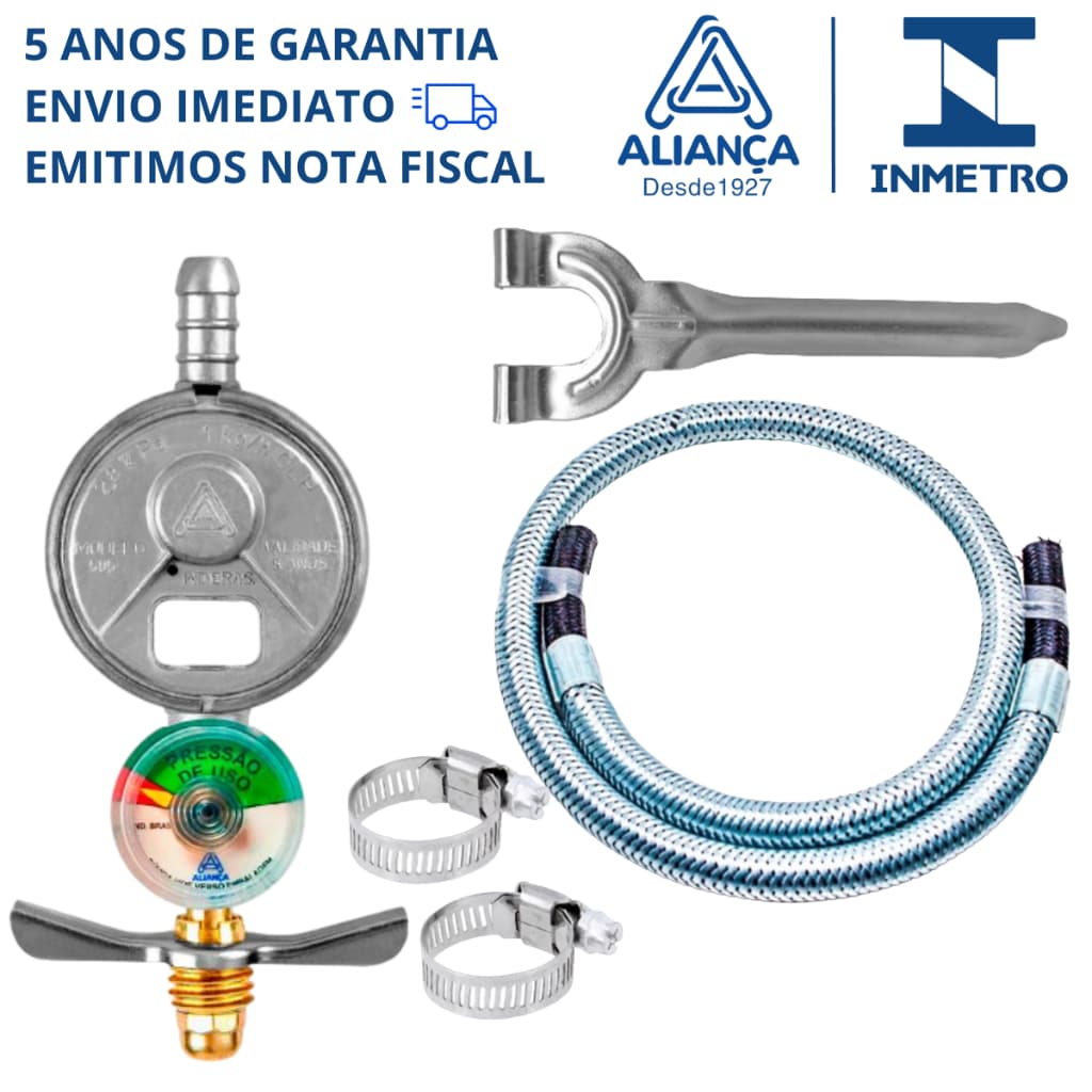 Kit 1.5m Mangueira De Gás Metal + Registro Aliança 505/01 c/ Manômetro p/ Botijão de Cozinha