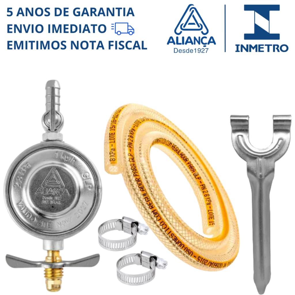 Kit 1.25m Mangueira Gás + Registro Aliança 504/01 + Chave p/ Botijão de Cozinha