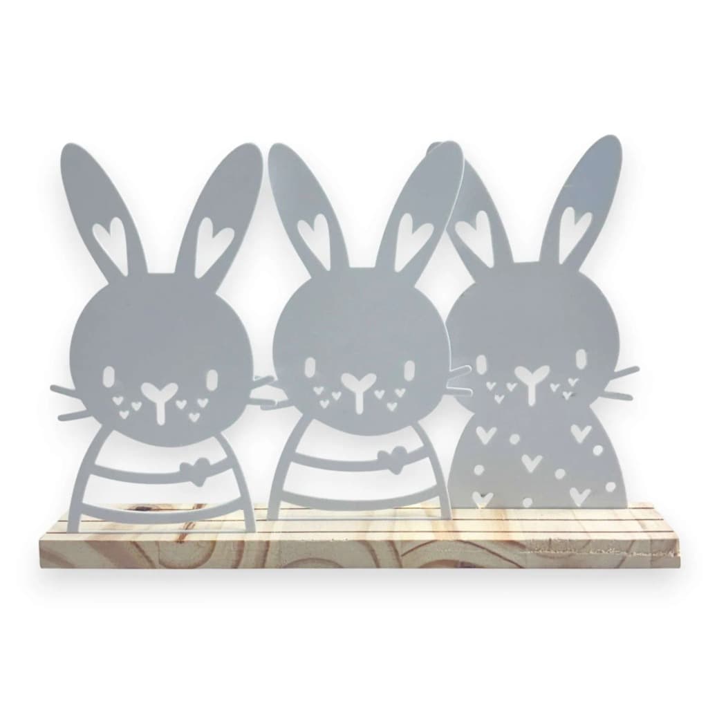 Peça com 3 Coelhos Decorativos de Páscoa com Base em Madeira para Sala e Cozinha