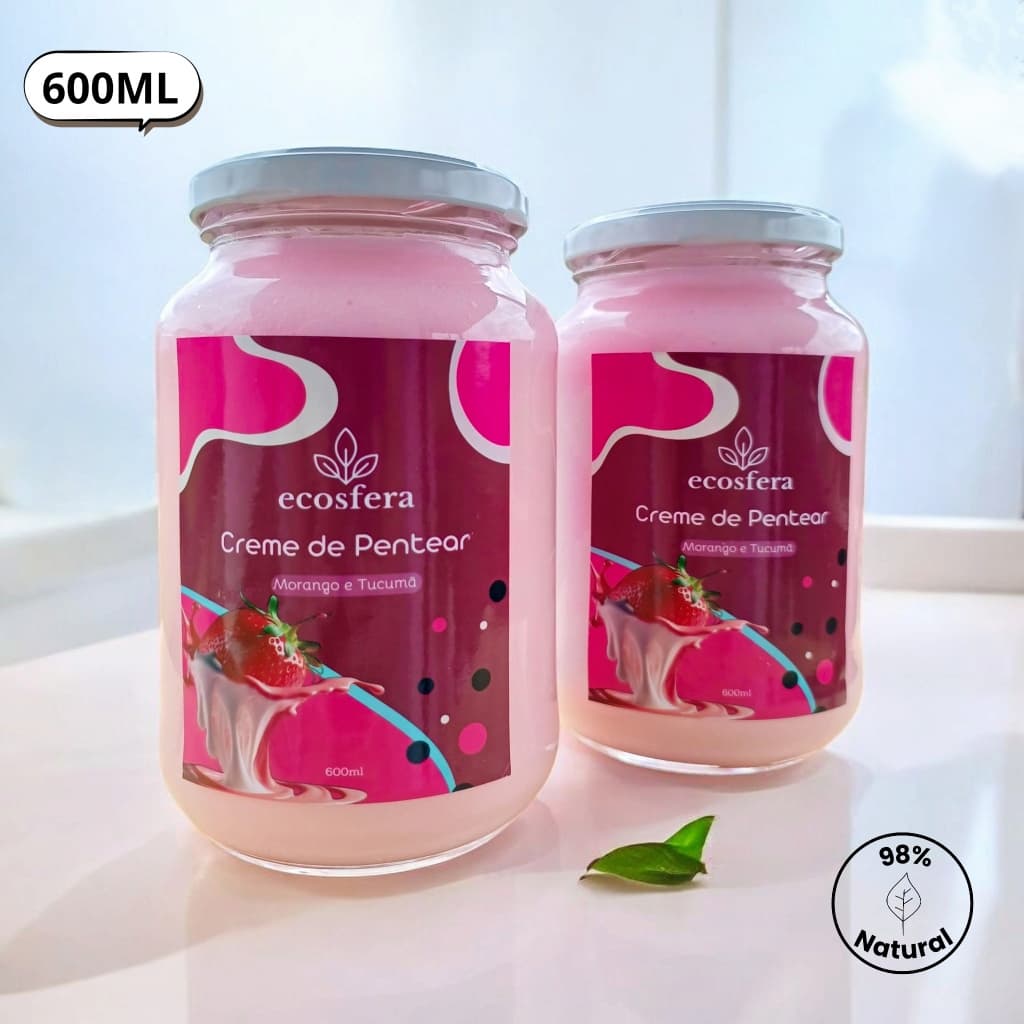Creme de Pentear, Leave in- Máscara Hidratante - Morango e Tucumã - Cabelos Nutridos - 98% Natural - Vegano - 600ML