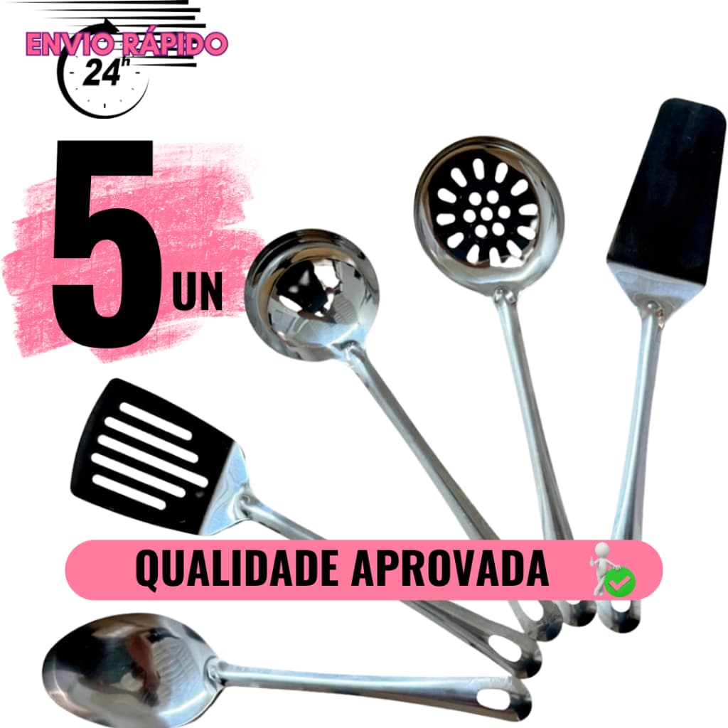 Kit Utensílios de Cozinha Colher Arroz Concha Escumadeira Espátula Vazada Espátula Bolo Utensílios Cozinha 100% aço Inox