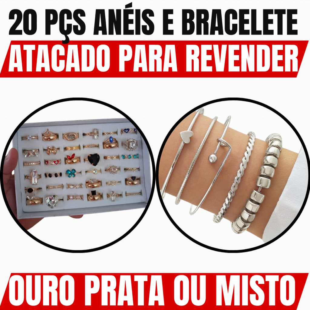 💎 KIT PREMIUM - 10 Anéis de Luxo + 10 Super Braceletes Femininos 💎