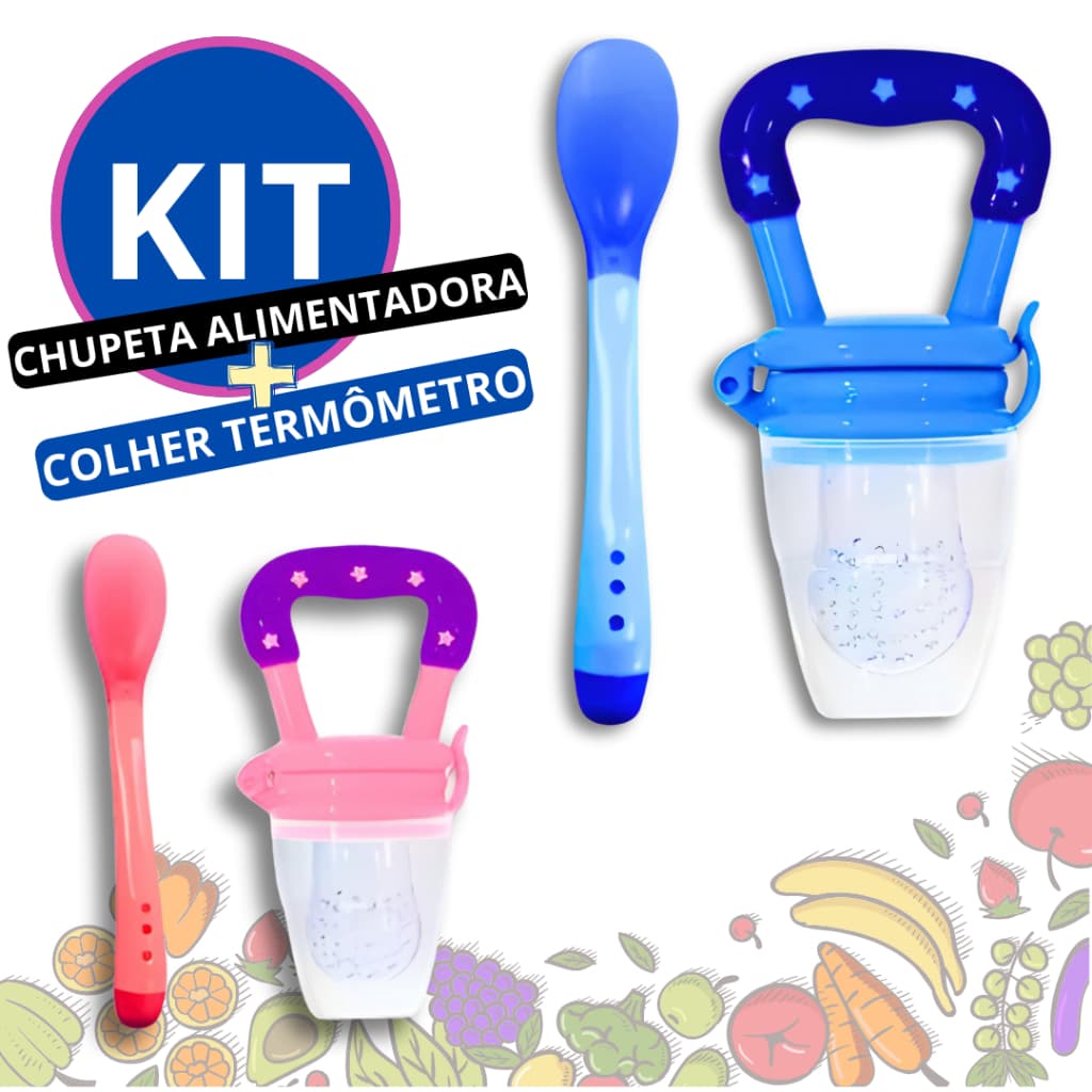 Kit Chupeta Alimentadora Frutas + Colher Termosensível Introdução Alimentar Mordedor Termômetro Bebê