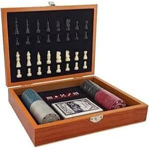 Kit Jogos de mesa de Xadrez Baralho e Poker de Luxo -Tabuleiro e Caixa de 100% em Madeira
