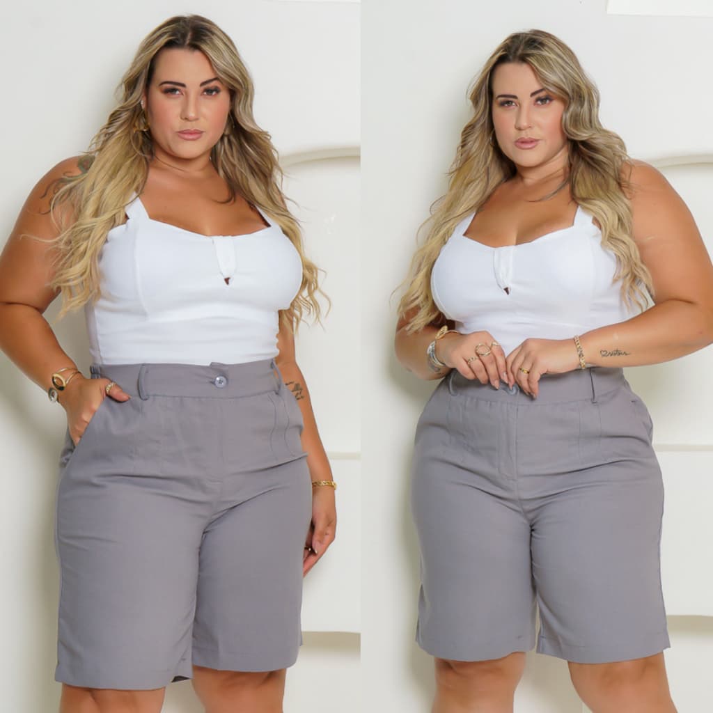 Bermuda Alfaiataria Feminina Plus Size Tecido Em Sensorial Contém Bolsos Elegância