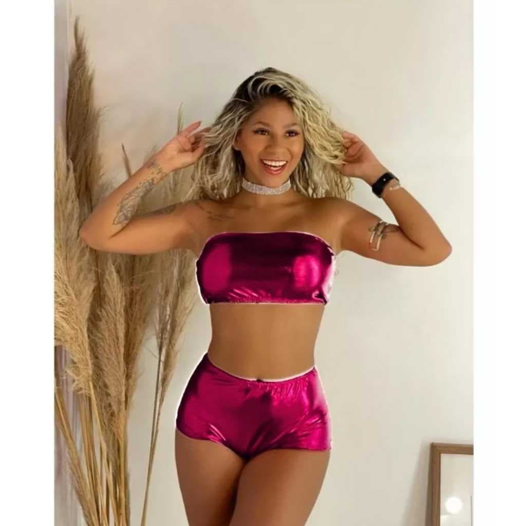 Conjunto Metalizado Calcinha Hot Pants e Top Com Bojo Festas a Fantasia Feminino de Carnaval