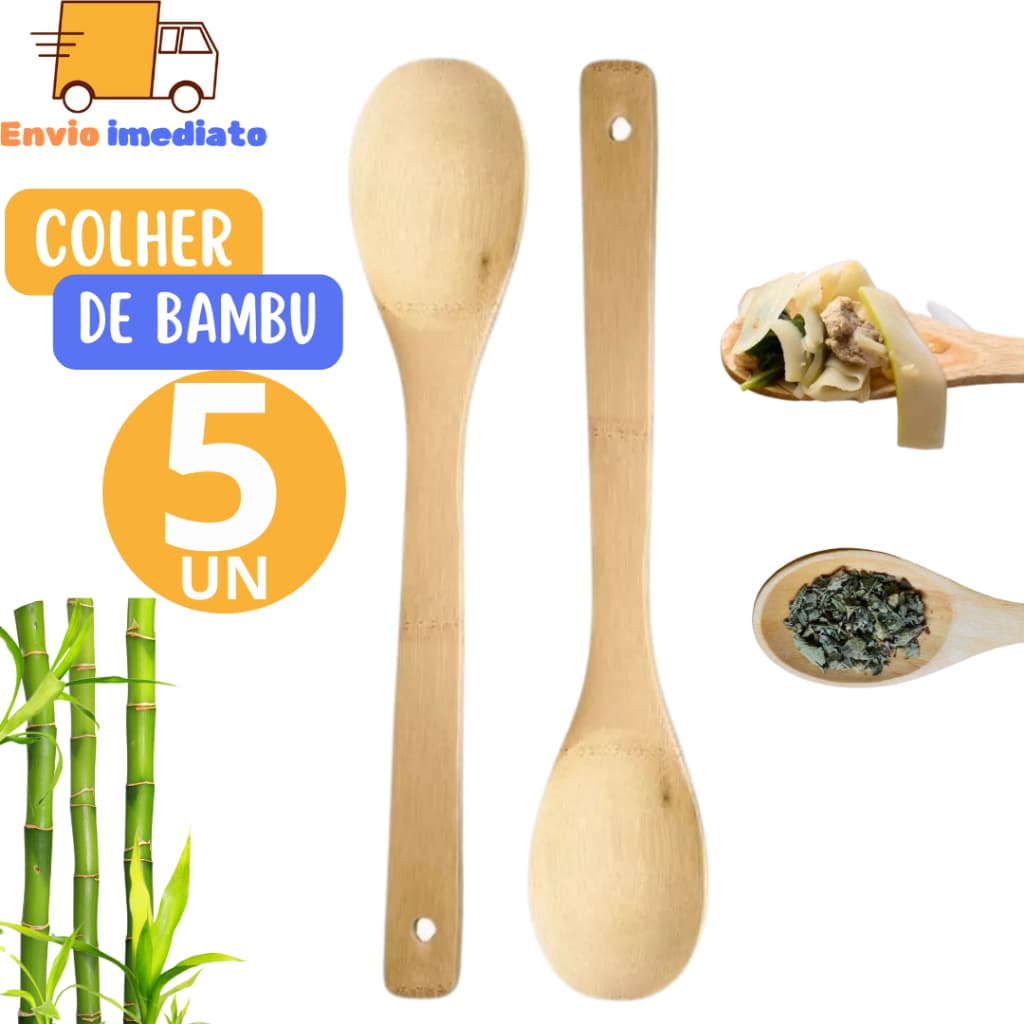 Kit 5 Colher de Bambu  Peças 100% Ecológica 30cm Casa Cozinha