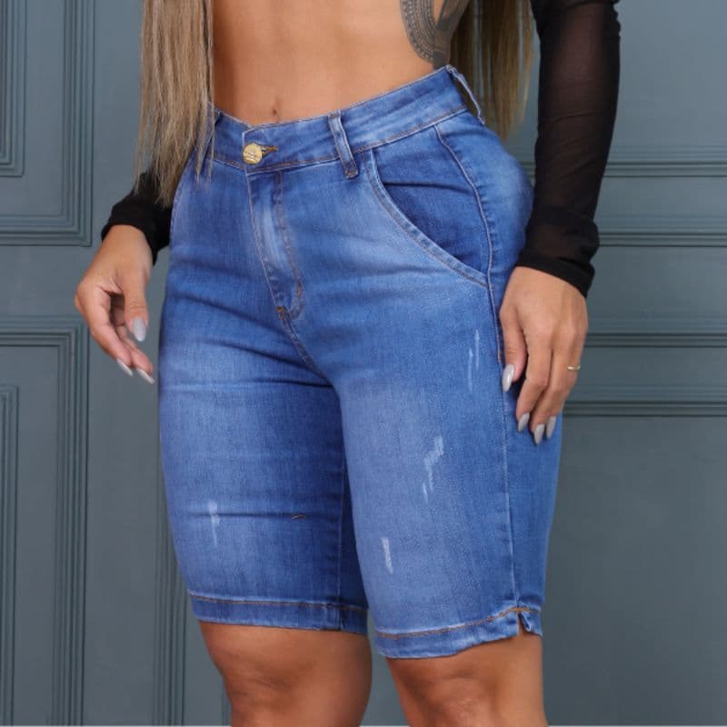 Bermuda Ciclista social JUMP Pedal Alfaiataria jeans feminina cintura cós alto jeans PREMIUM Luxo com LAYCRA CASUAL
