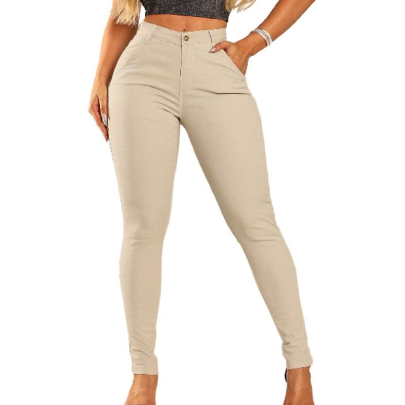 Calça jeans social feminina alfaiataria colorida preto e branco cós cintura alta versátil casual com LAYCRA PREMIUM