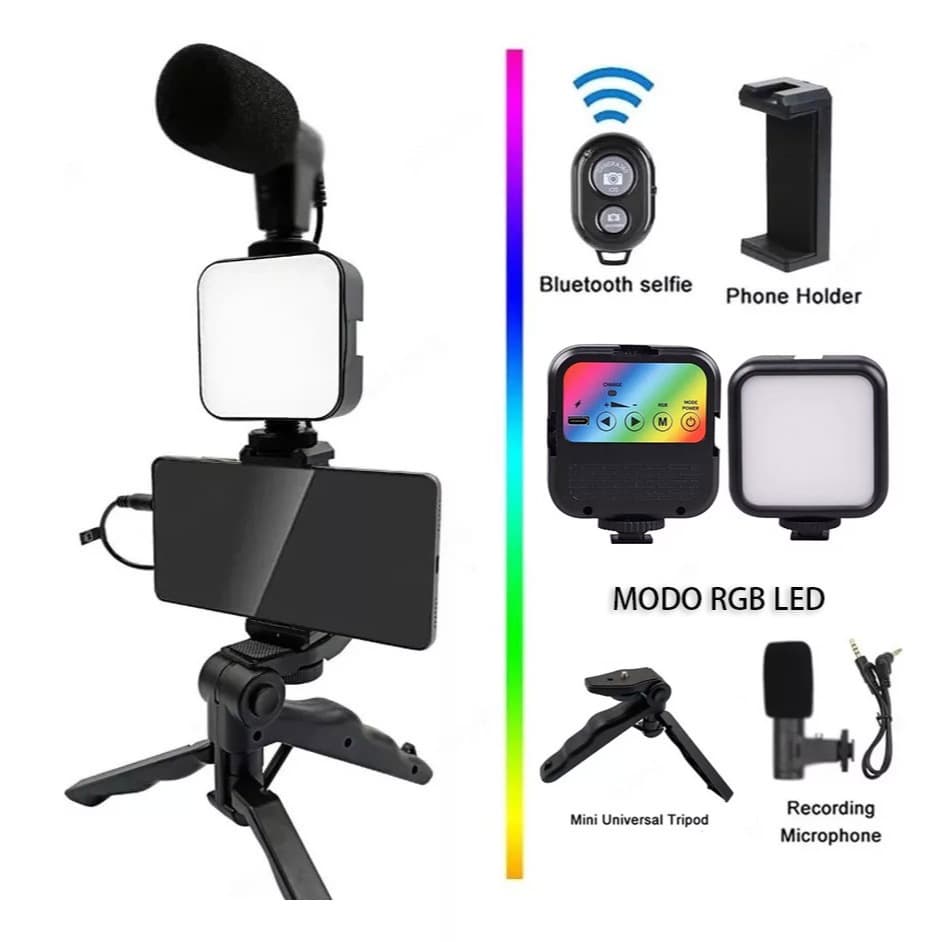 Kit gravação pelo celular com microfone, tripé, Flash  de LED e microfone RGB  Iluminador de LED Portátil
