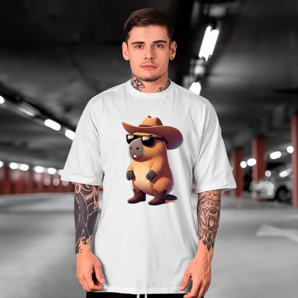 Camiseta Basica Estampada Capivara Cowboy Meme 100% Algodão Unissex
