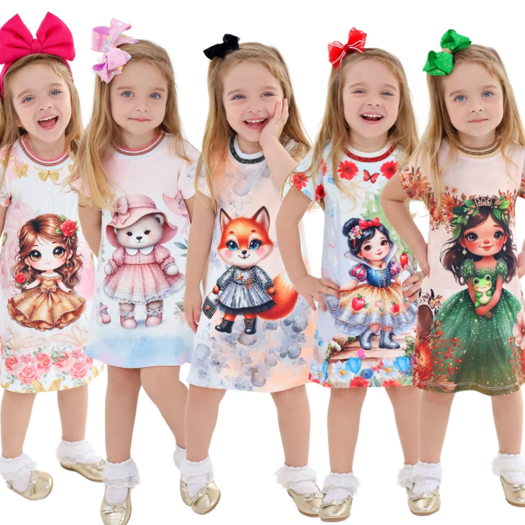 Vestido Infantil Menina Estampa Fofa Com Strass