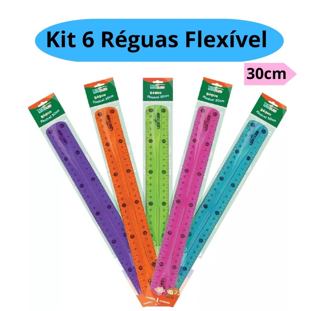 Kit 6 Régua Flexível 30cm Colorida Escolar - Leo&Leo