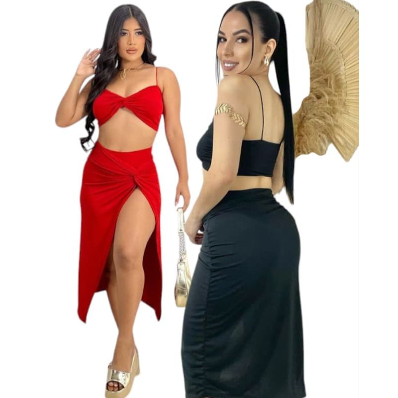 Conjunto Femenino Hot Pants 3 Peças Saía Com Fenda Lateral Cropped Sem Bojo Moda Praia  Tendencia verão 2025