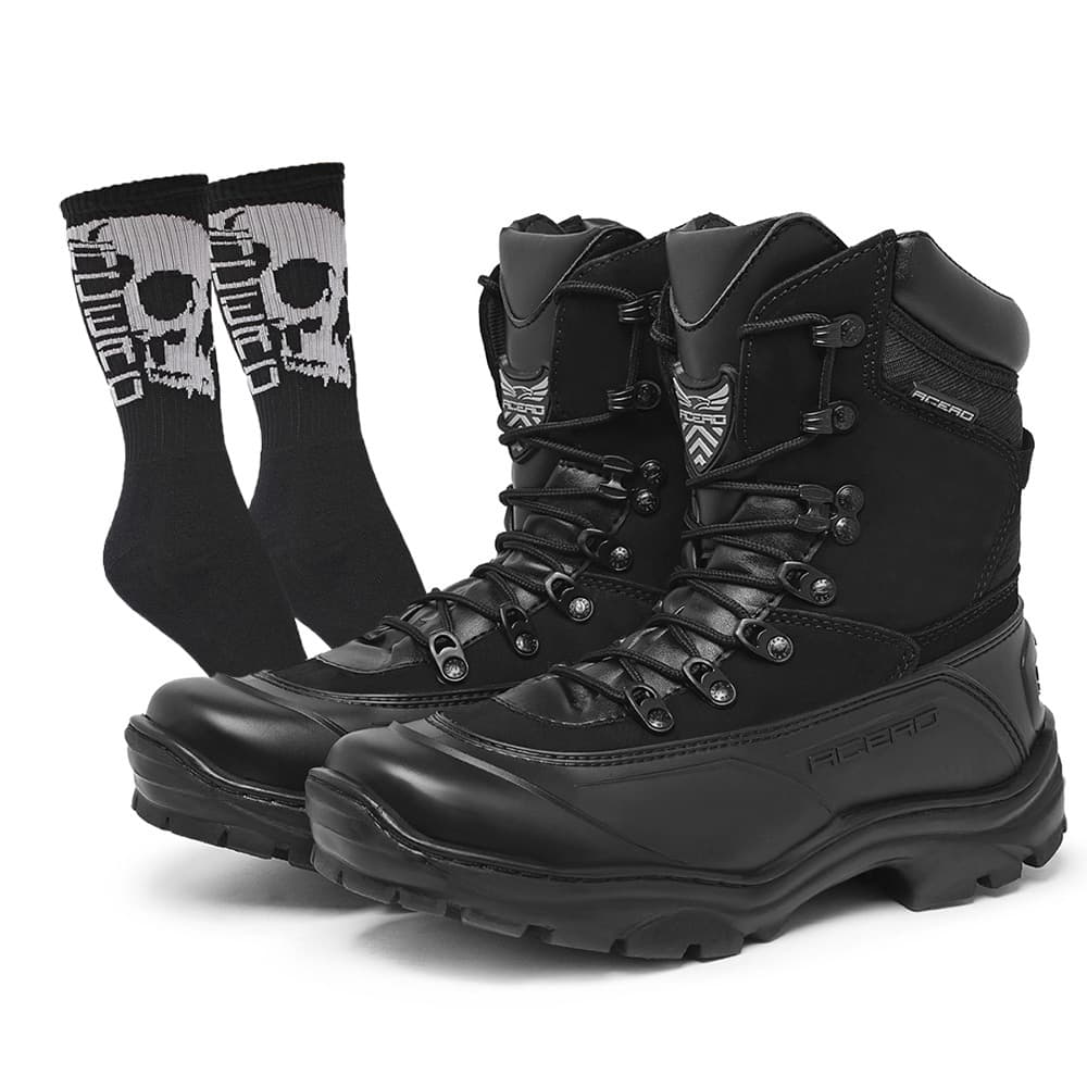 Bota Confortável Resistente Acero Couro Tiger Pro Preto + Meia Caveira Preto Acero Botas de Brinde