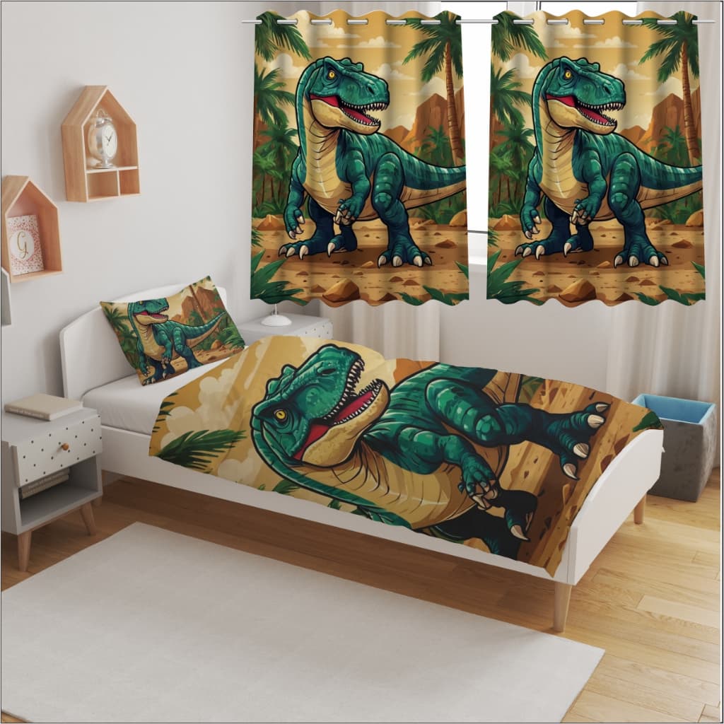 Jogo de Lençol Solteiro Dinossauro Verde, Estampa Aventura Jurássica, ou Cortina, ou Kit Compelto