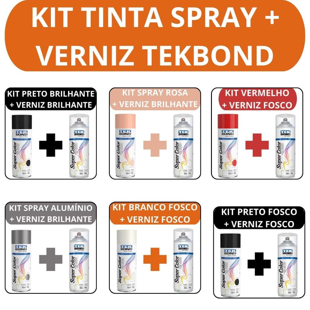 Kit Verniz Spray e Tinta Spray 350ml Tekbond Aerossol Secagem Rapida Metal Madeira Ferro MDF