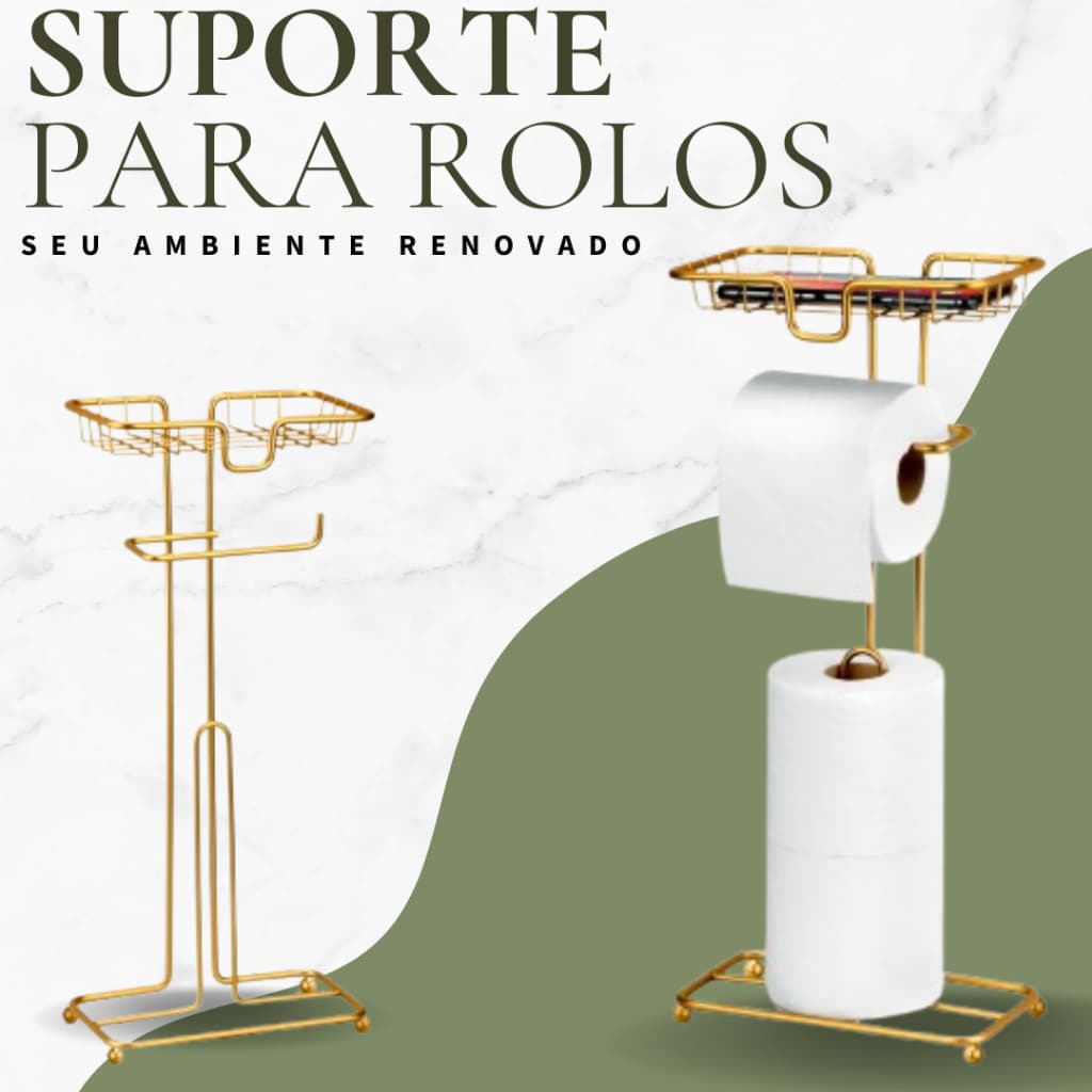 Porta Papel Higiênico De Chão Com Suporte Para Celular Dourado Preto Cromado Arthi