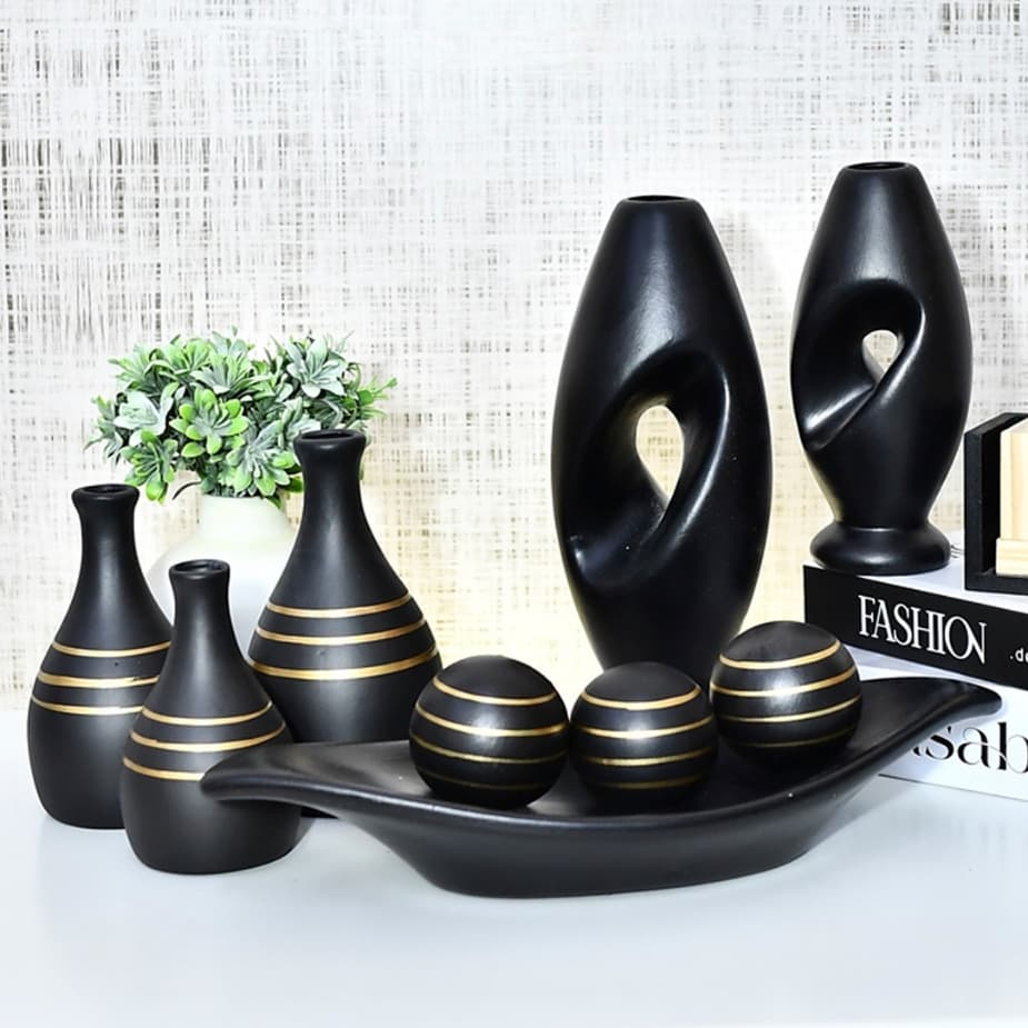 Kit Elegante Vasos 9 Peças Enfeites Cerâmica Sala Conjunto Decorativas Trio Rack Centro Mesa Cozinha