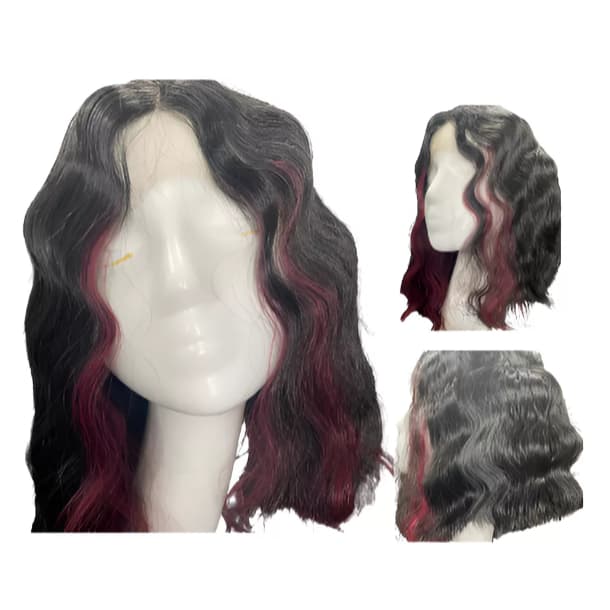Peruca Ondulada Preta Com Mechas Marsala Fibra Orgânica 40cm