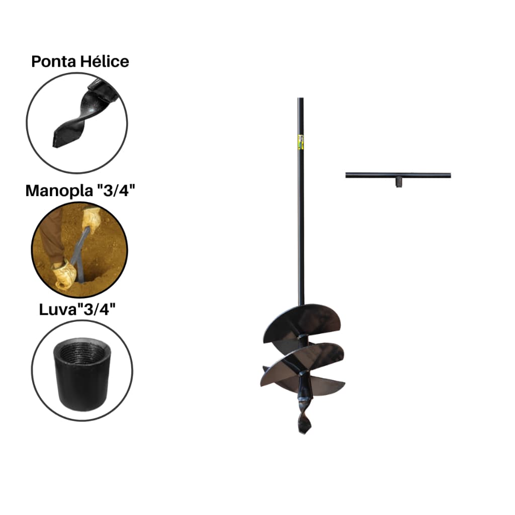 Cavadeira Trado 15cm 4 Facas Cabo Fixo 1m Perfurador Manual + Cabo 50cm
