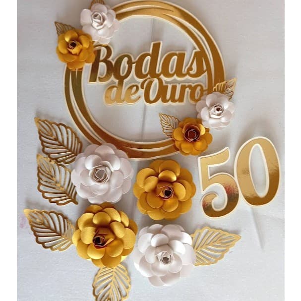 Topo de bolo personalizado bodas de ouro em dourado e branco com flores 3D