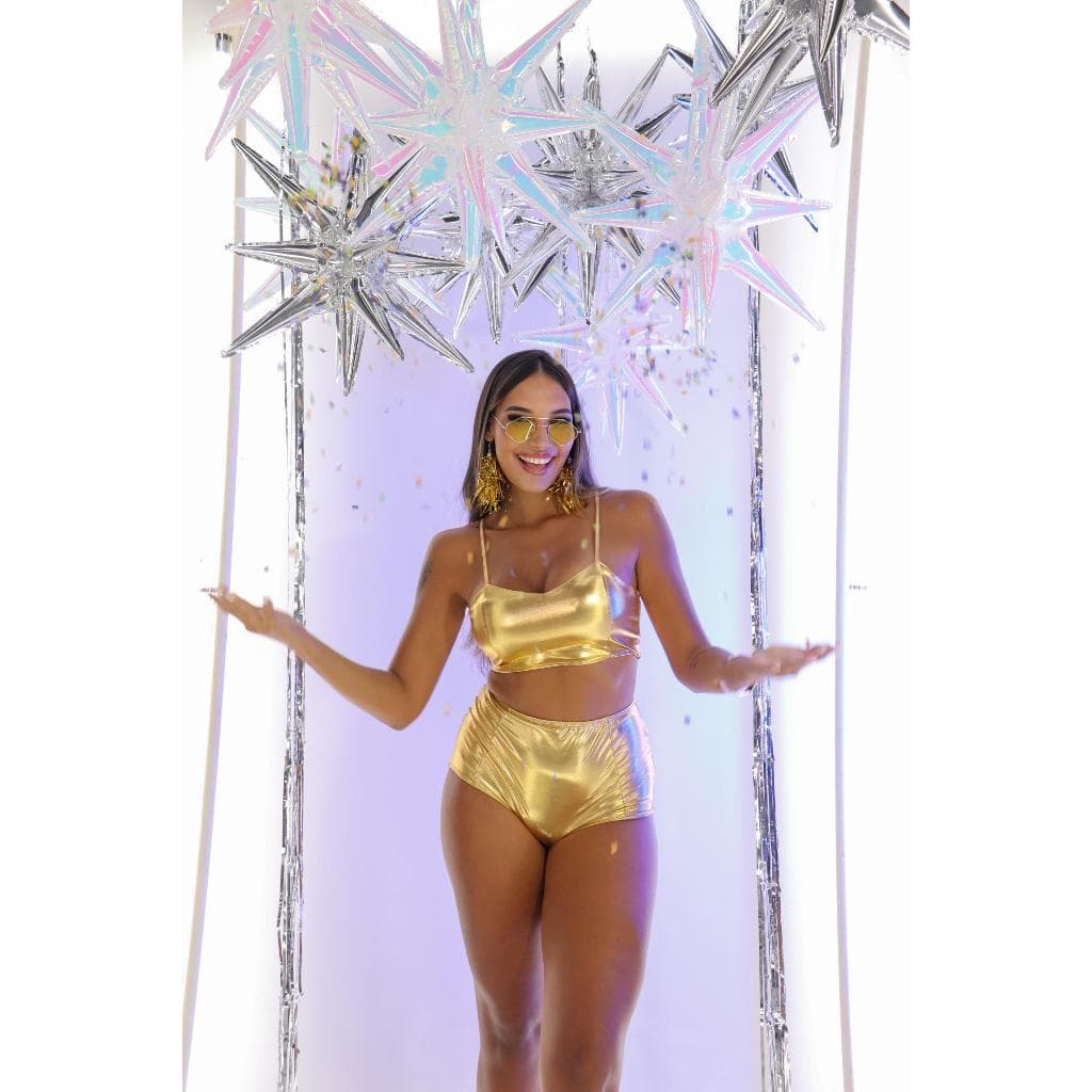 Conjunto Hot Pant e Top Metalizado de Alcinha com Cintura Alta
