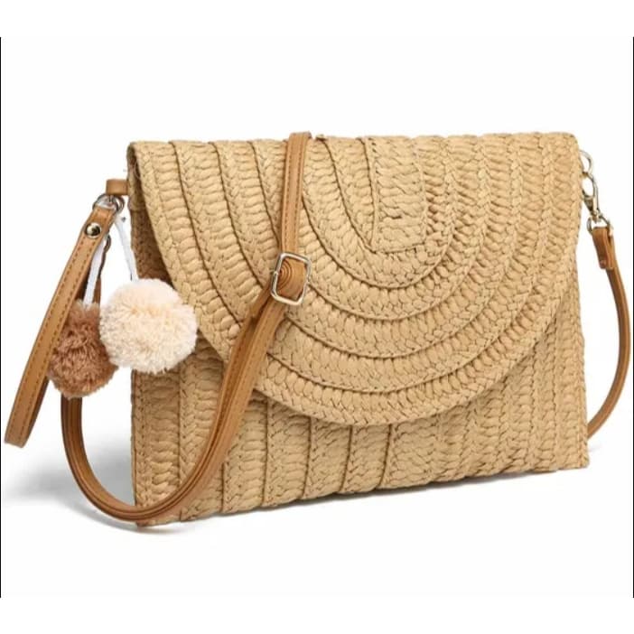 ￼Bolsa Carteira Clutch De Palha Trançado De Verão Alça de Mão Com Alça Regulável Moda Praia com forro interno