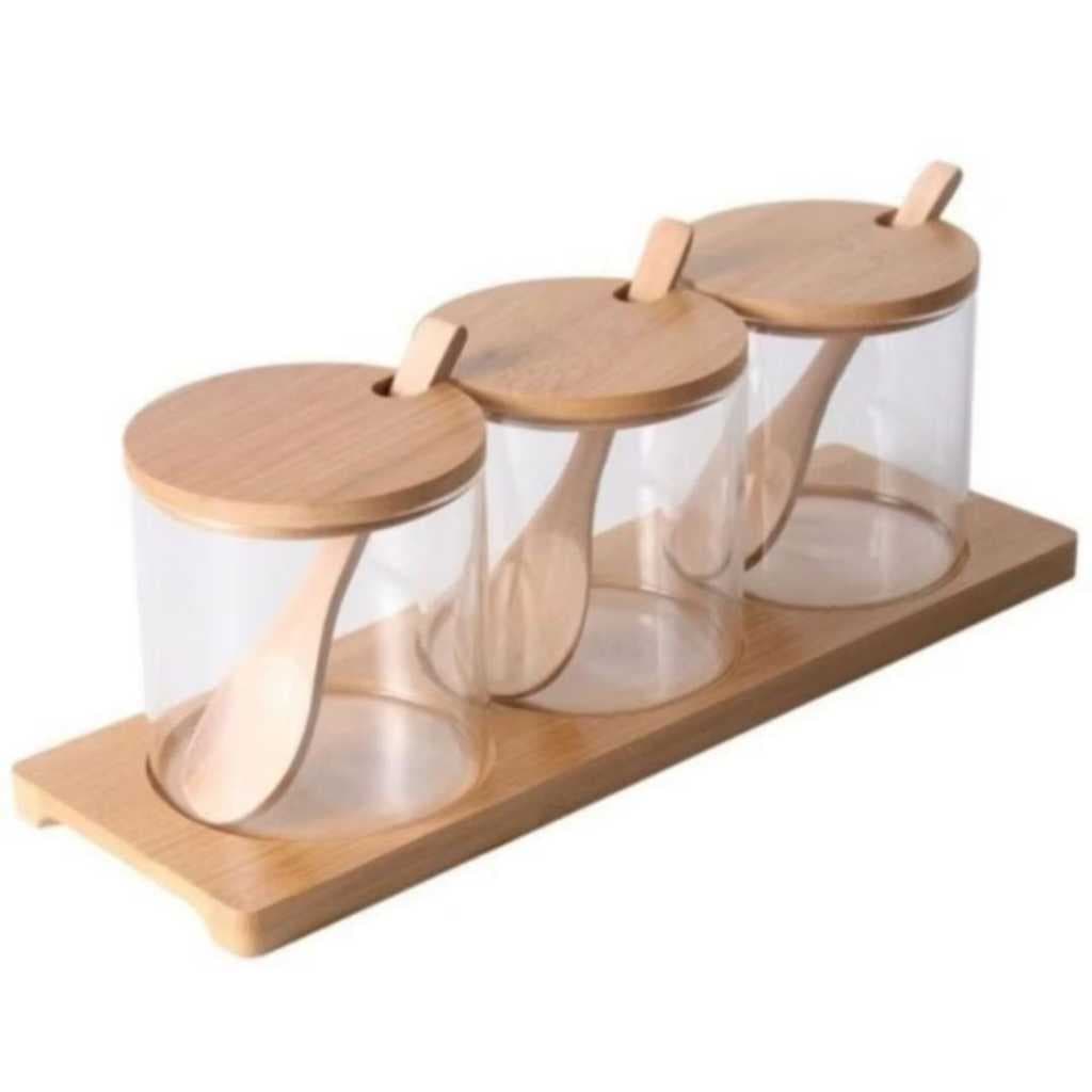 Conjunto Porta Temperos Vidro Com Tampa  Colher De Bambu 3 Peças Ótima Promoção