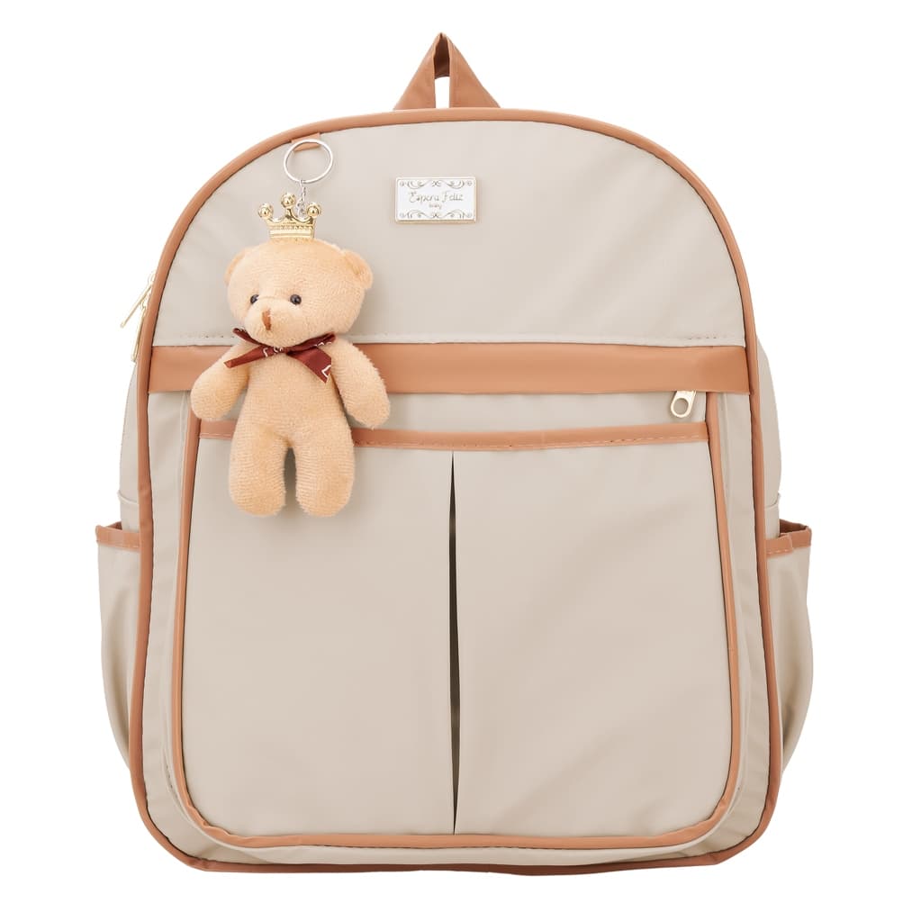 Mochila Maternidade Bege com Caramelo Bebe Passeio Creche Lisa Luxo Hope