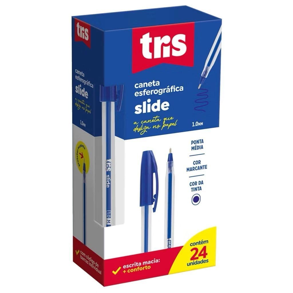 Kit C/24 Canetas Esferográfica Slide TRIS - Azul Preto e Vermelho 1.0mm Caixa C/24 Unidades.