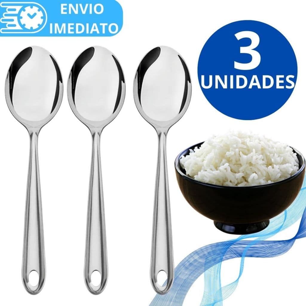 KIT 3 Colher de Arroz GRANDE Cabo longo Aço Inox 26cm Super Resistente para Casa Cozinha Restaurante Buffet Sopa Caldo