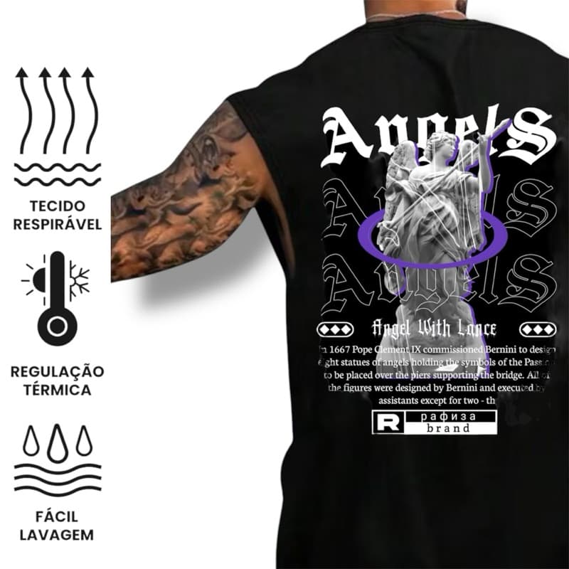 Camiseta Regata Oversized Cavada Algodão Estampada Anjo Treino Streetwear Camisa Premium Alta Qualidade Preta Academia