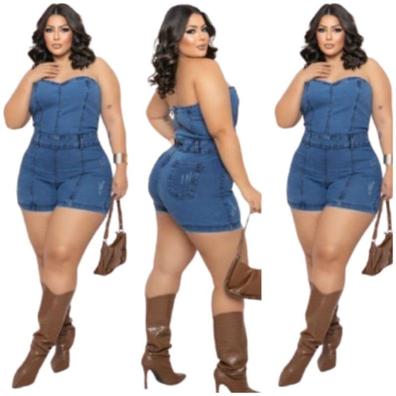 Macacão Tomara-que-caia Jeans Feminino Moda Plus Size Cintura Alta Verão