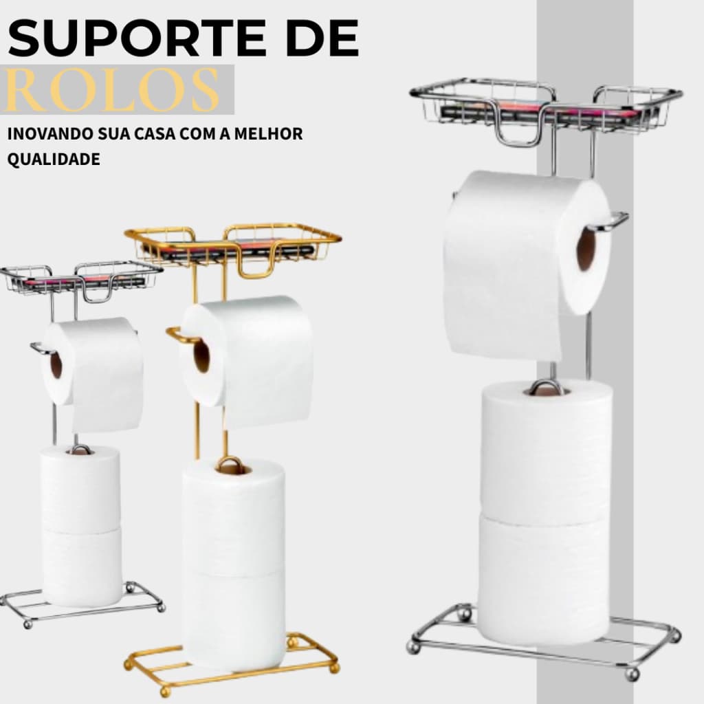 Porta Papel Higiênico Suporte de Chão com Suporte de Celular e Lençol Dourado Preto Cromado Arthi
