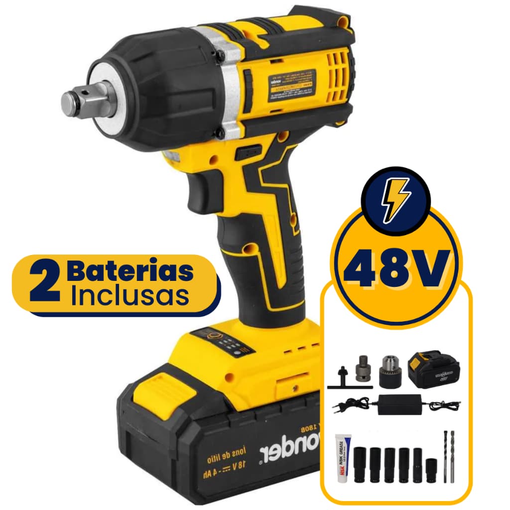 Chave De Impacto Com Mandril Parafusadeira Furadeira 48V Bateria Elétrica Profissional 2 Baterias