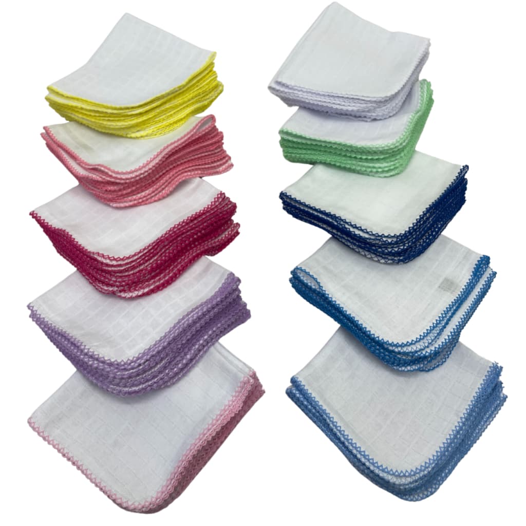 Kit com 10 Fraldas De Boca Babete Tecido Duplo Quadriculado 33cm x 33cm Com Bico em Picueta Crochê - Para personalização