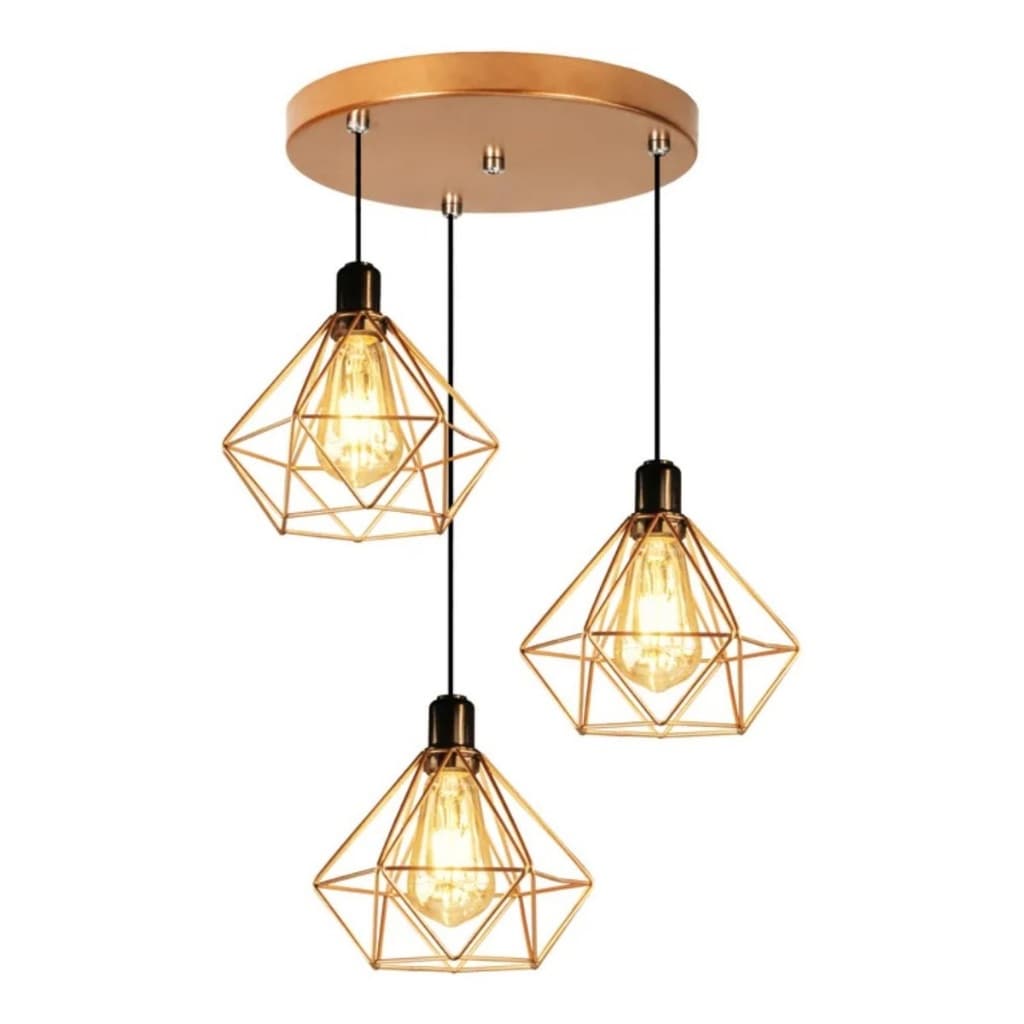 Luminária E-led Pendente Triplo Aramado Diamante Rose Gold Bivolt